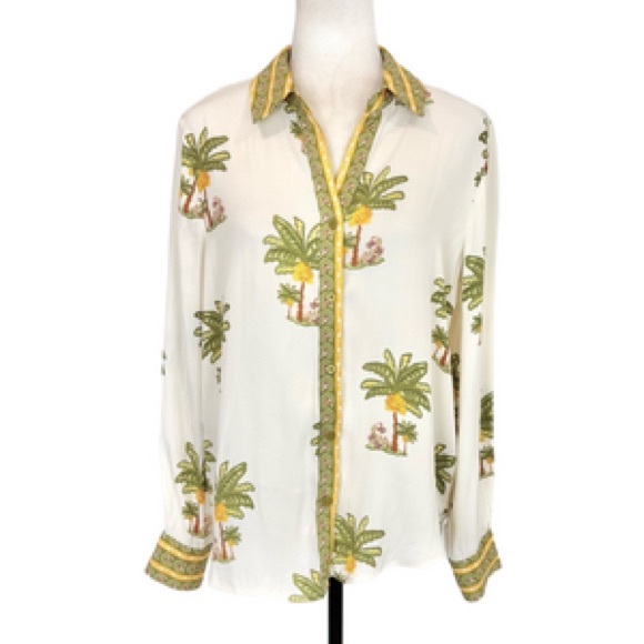 Maison d'Amelie Paris Palm Blouse Top Button Long Sleeve Tropical MEDIUM NWOT - Picture 4 of 8